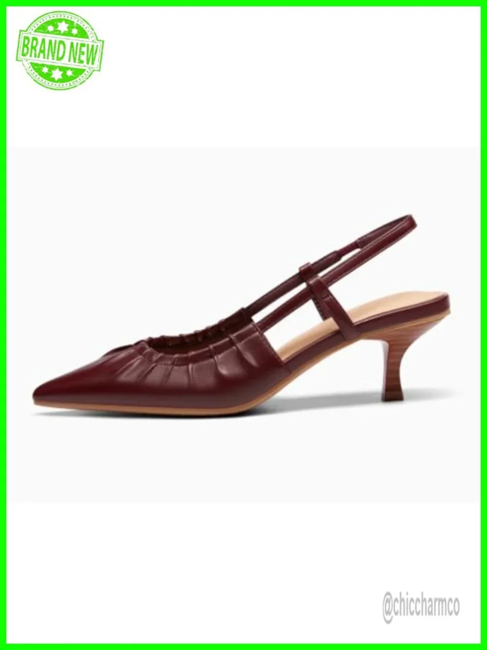 Women Slingback Kitten Heels Pointed Toe Pleated Slip On PU Leather Dress Shoes